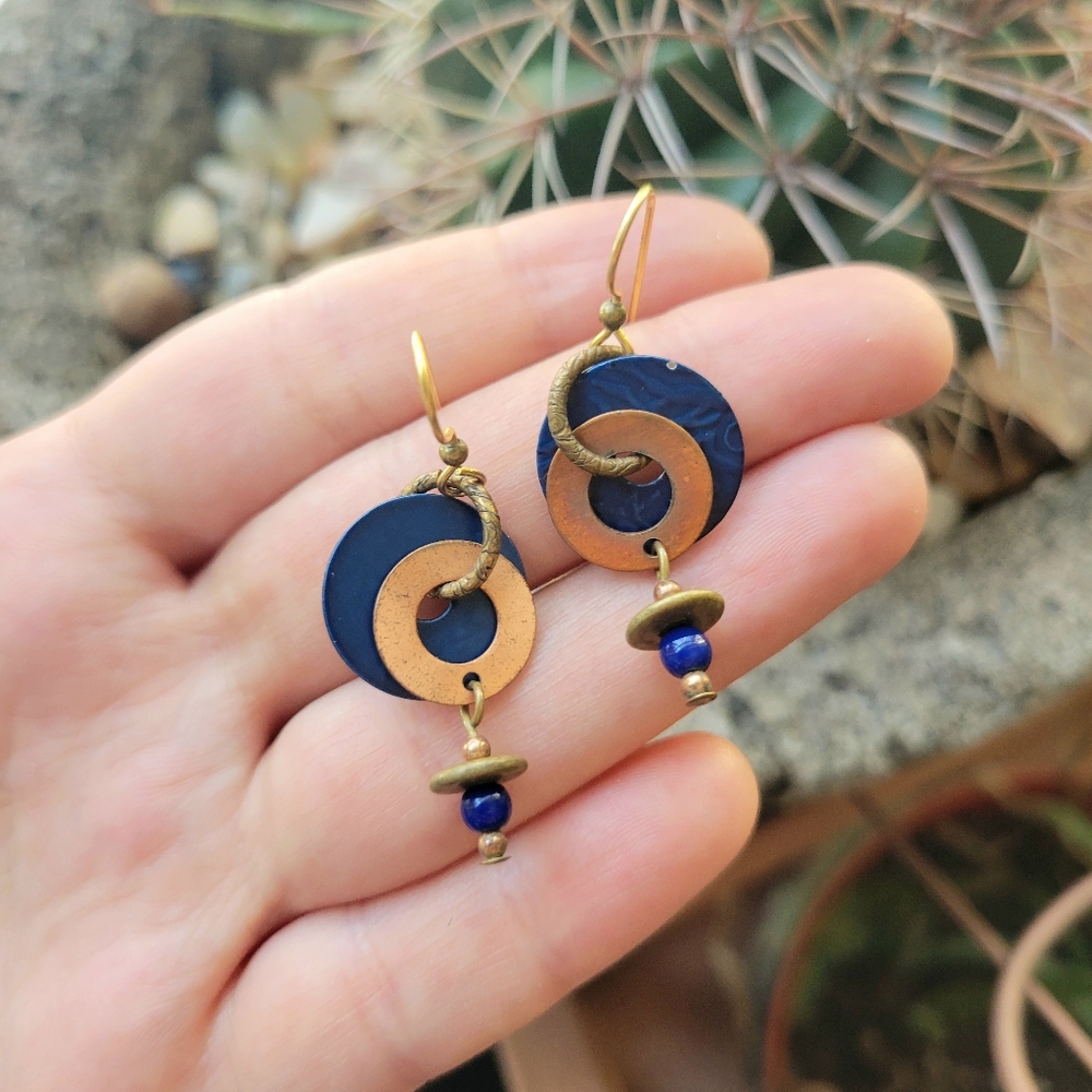 Vintage Gold & Navy Dangle Drop Hanging Hook Geometric Boho Earrings - Picture 2 of 7